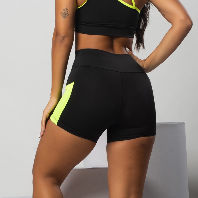 Short Fitness Up Com Bolso Preto Amarelo