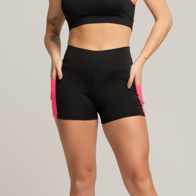 Short Fitness Up Com Bolso Preto Rosa