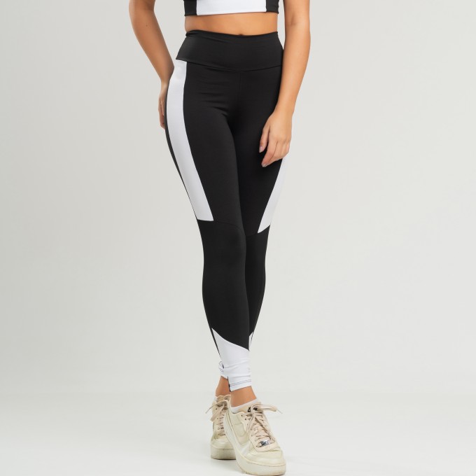 Calça Legging Fitness Faixa Lateral Preto Branco