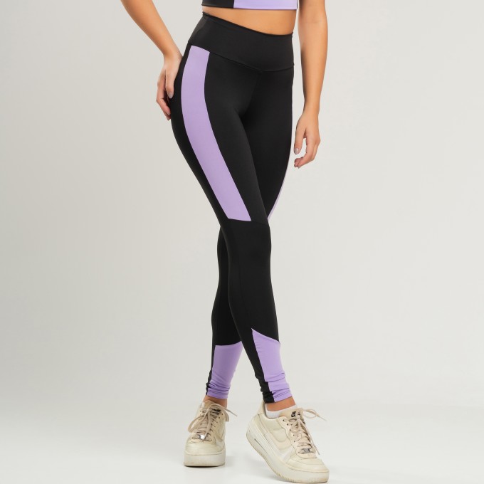 Calça Legging Fitness Faixa Lateral Preto com Lilás