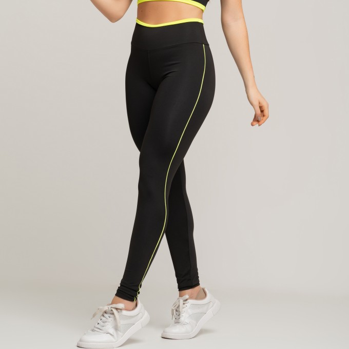 Calça Legging Fitness Básica Com Detalhe Em Vivo Preto Amarelo