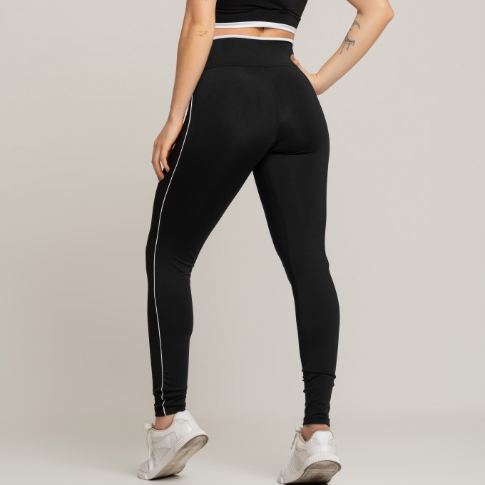 Calça Legging Fitness Básica Com Detalhe Em Vivo Preto Branco