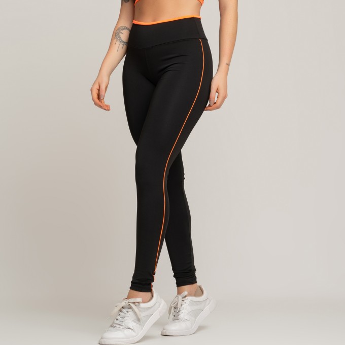 Calça Legging Fitness Básica Com Detalhe Em Vivo Preto Laranja