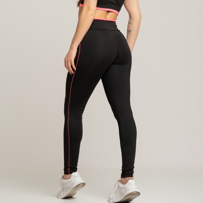 Calça Legging Fitness Básica Com Detalhe Em Vivo Preto Rosa