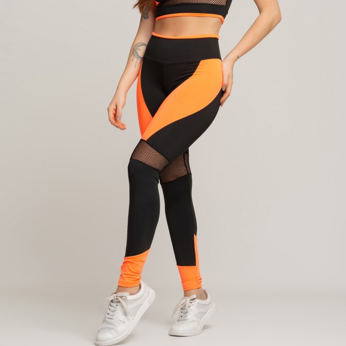Calça Legging De Academia Com Detalhe Arrastão Preto Laranja