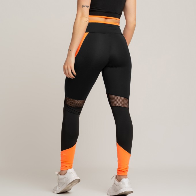 Calça Legging De Academia Com Detalhe Arrastão Preto Laranja