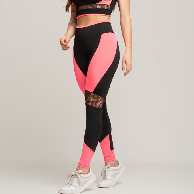 Calça Legging De Academia Com Detalhe Arrastão Preto Rosa