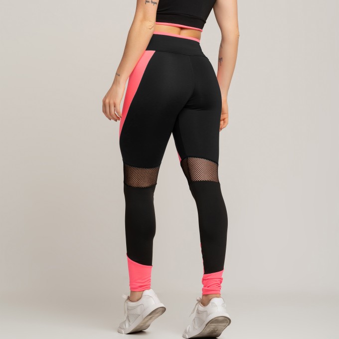 Calça Legging De Academia Com Detalhe Arrastão Preto Rosa