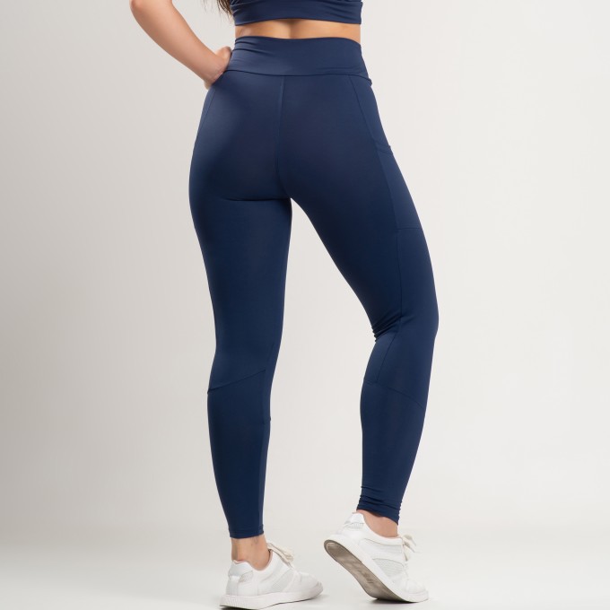 Calça Legging Fitness Feminina Básica Com Bolso Marinho