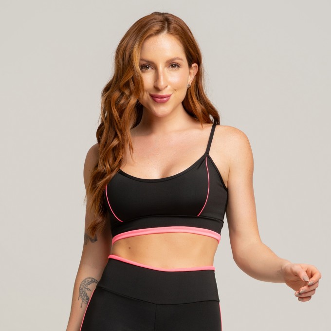 Top Fitness Básico Com Detalhe Em Vivo Preto Rosa Neon