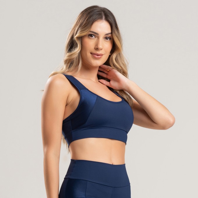 Top Feminino Fitness Marinho com Recortes em Tecido Brilhoso