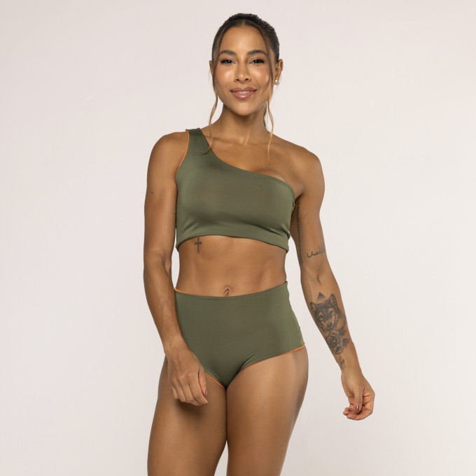 Conjunto Biquíni Hot Pant Dupla Face Verde e Laranja