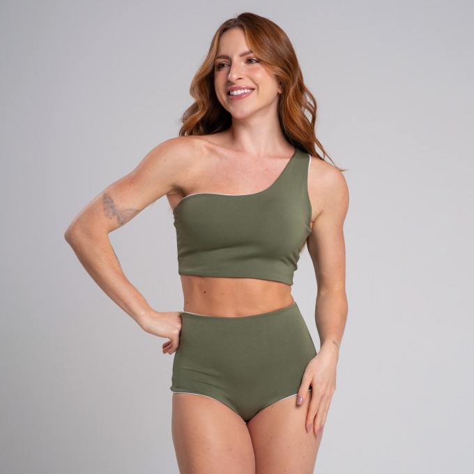 Conjunto Biquíni Hot Pant Dupla Face Verde Militar e Branco