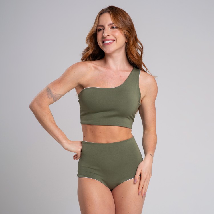 Conjunto Biquíni Hot Pant Dupla Face Verde Militar e Branco