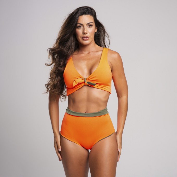 Conjunto Biquíni Hot Pant Dupla Face Militar e Laranja