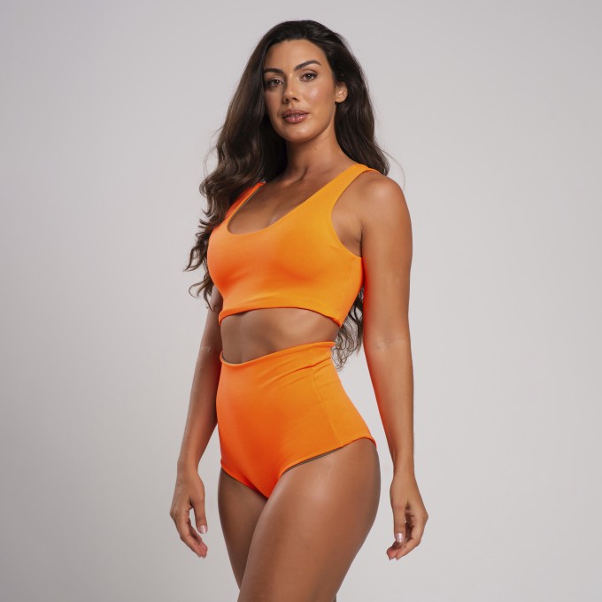 Conjunto Biquíni Hot Pant Dupla Face Militar e Laranja