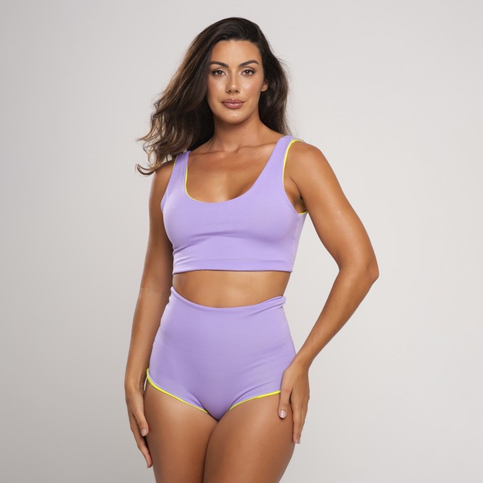 Conjunto Biquíni Hot Pant Dupla Face Amarelo Neon e Lilas