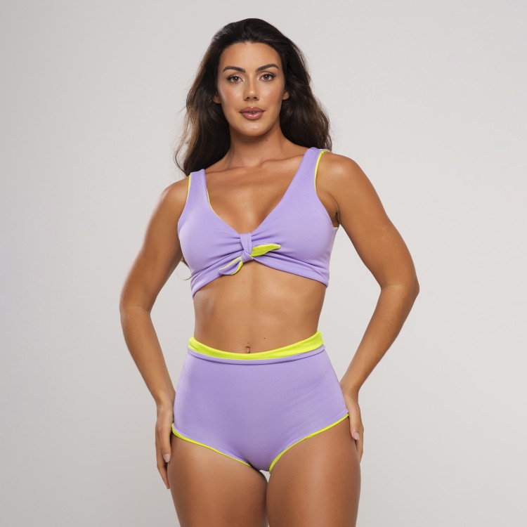 Conjunto Biquíni Hot Pant Dupla Face Amarelo Neon e Lilas