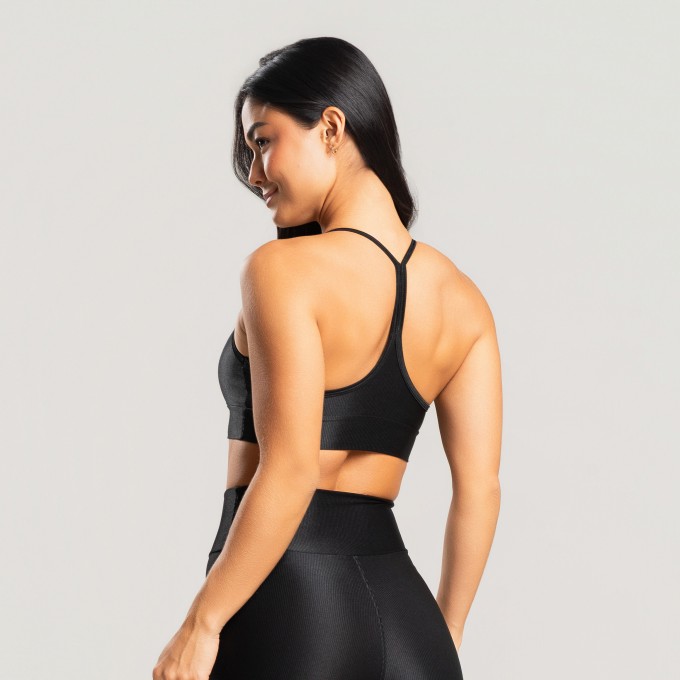 Top fitness feminino academia canelado brilhoso preto