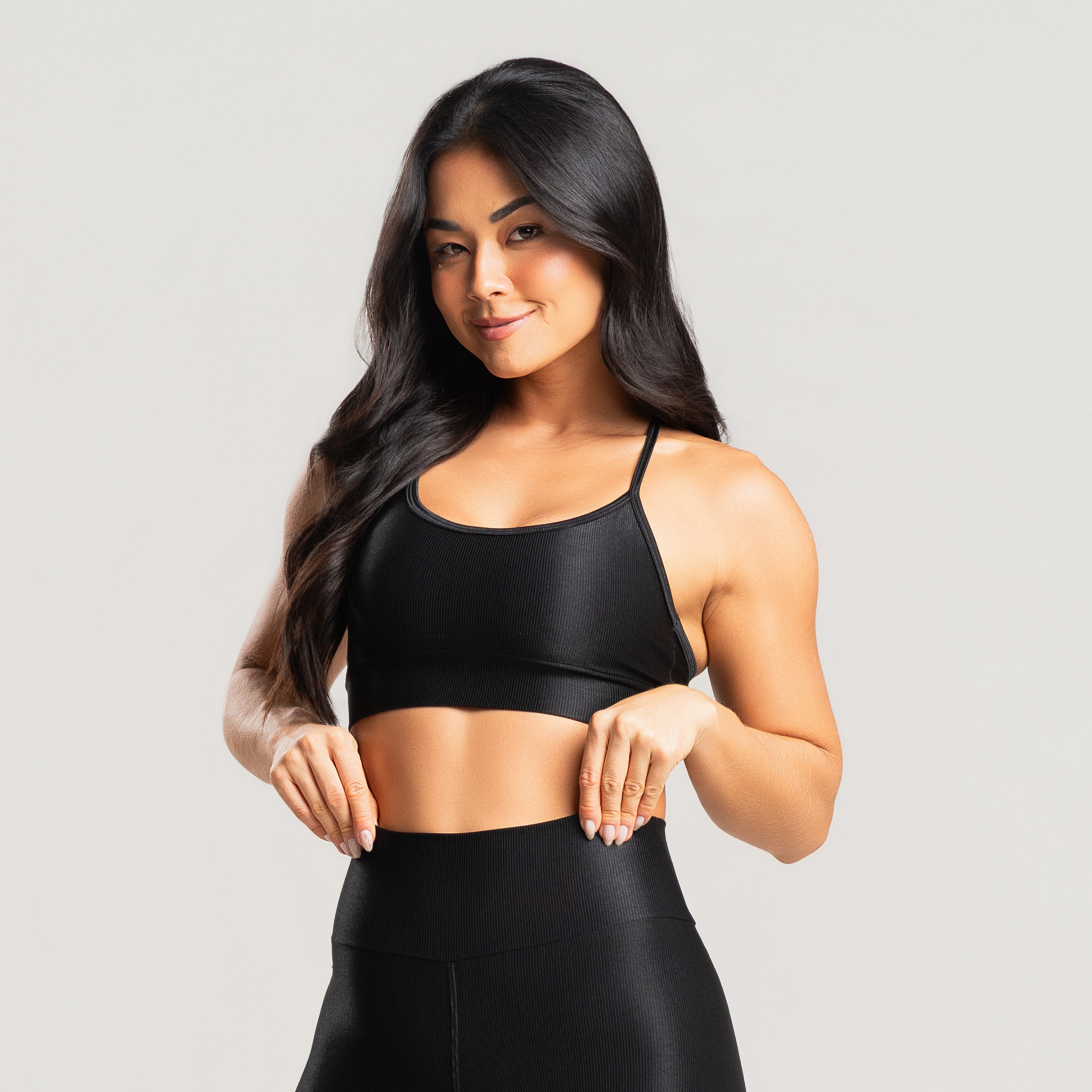 Top fitness feminino academia canelado brilhoso preto