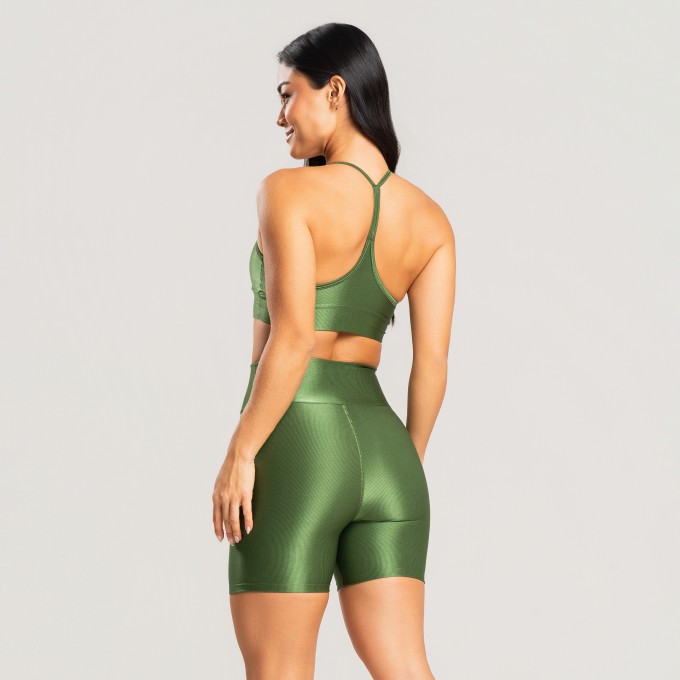 Short fitness feminino canelado brilhoso cós alto academia verde