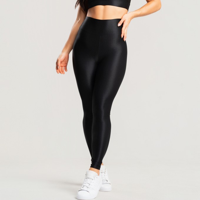 Calça legging feminina canelada cintura alta com brilho preta