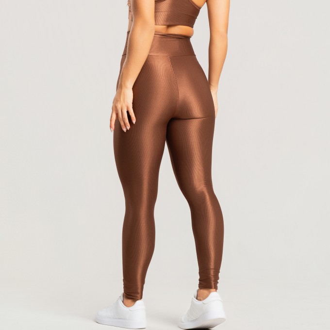 Calça legging feminina canelada cintura alta com brilho marrom