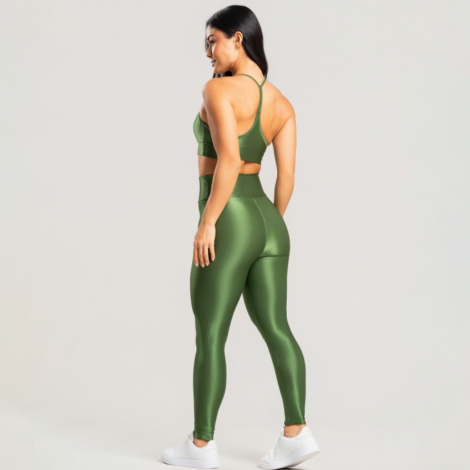 Calça legging feminina canelada cintura alta com brilho verde