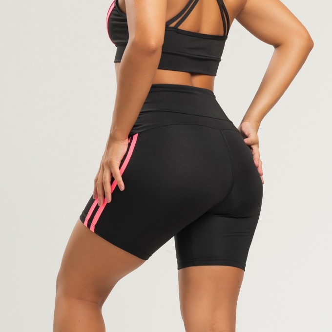Short Fitness Duas Listras Preto Rosa