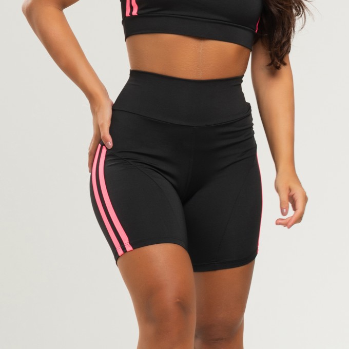 Short Fitness Duas Listras Preto Rosa